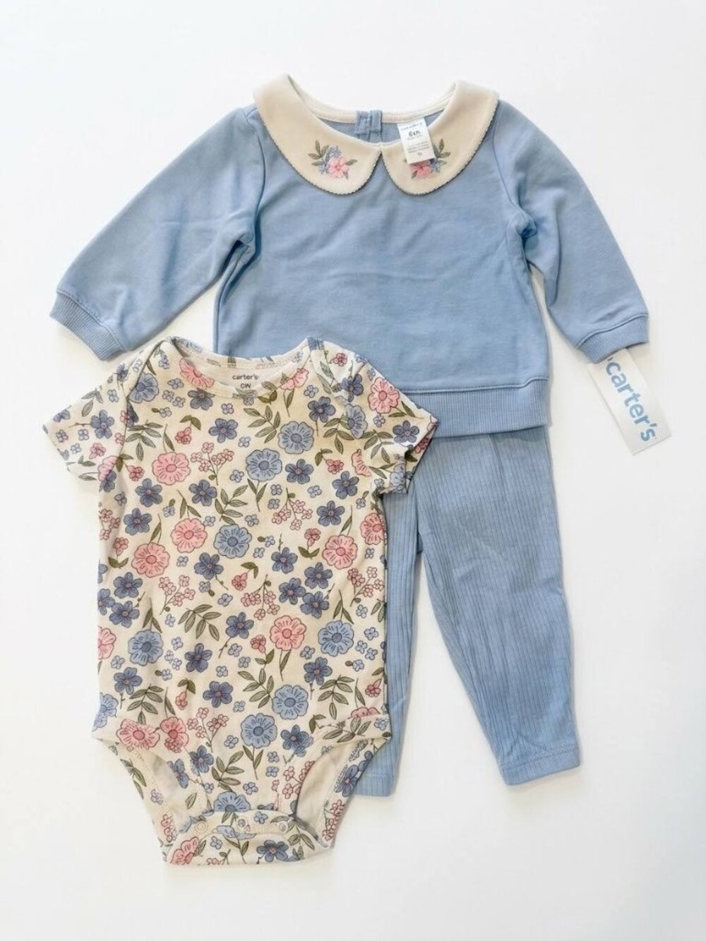 Carters Baby Girl 6M 3pc Blue Peter Pan Collar Top Pants Floral Bodysuit NWT